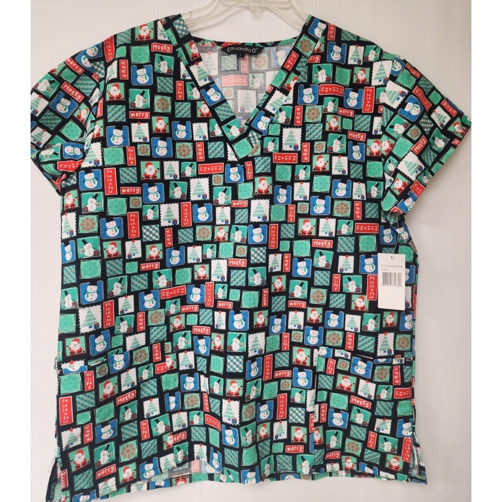 Cassandra‎ O Women's  Scrub Top Christmas Black/Green V-Neck  Large